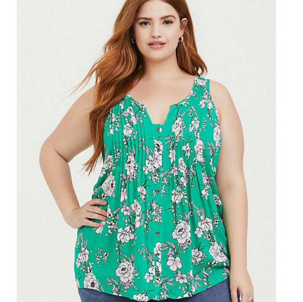 Green Floral Pintuck Pleat Tank